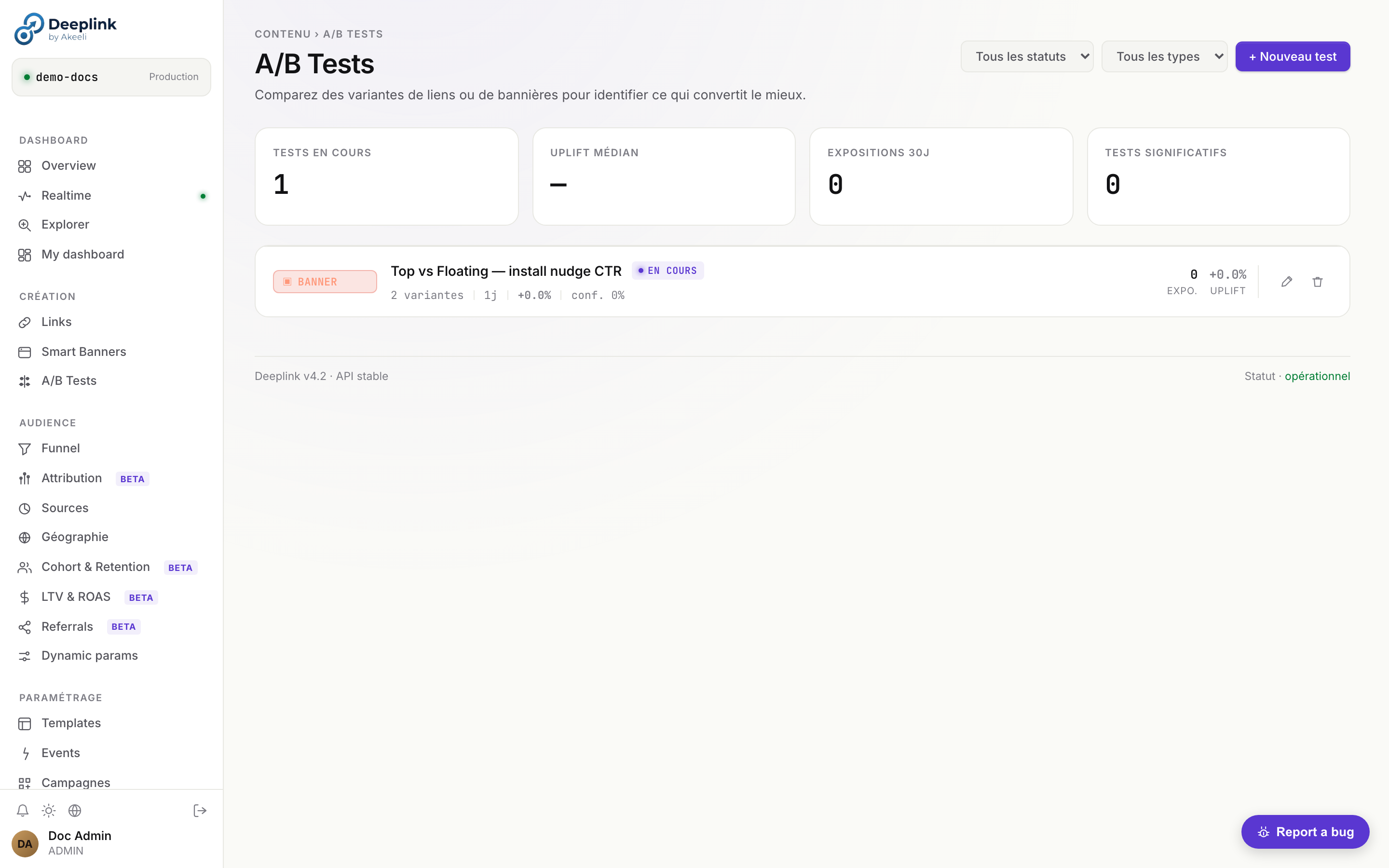 Page A/B Tests — liste des tests en cours, uplift et significativité