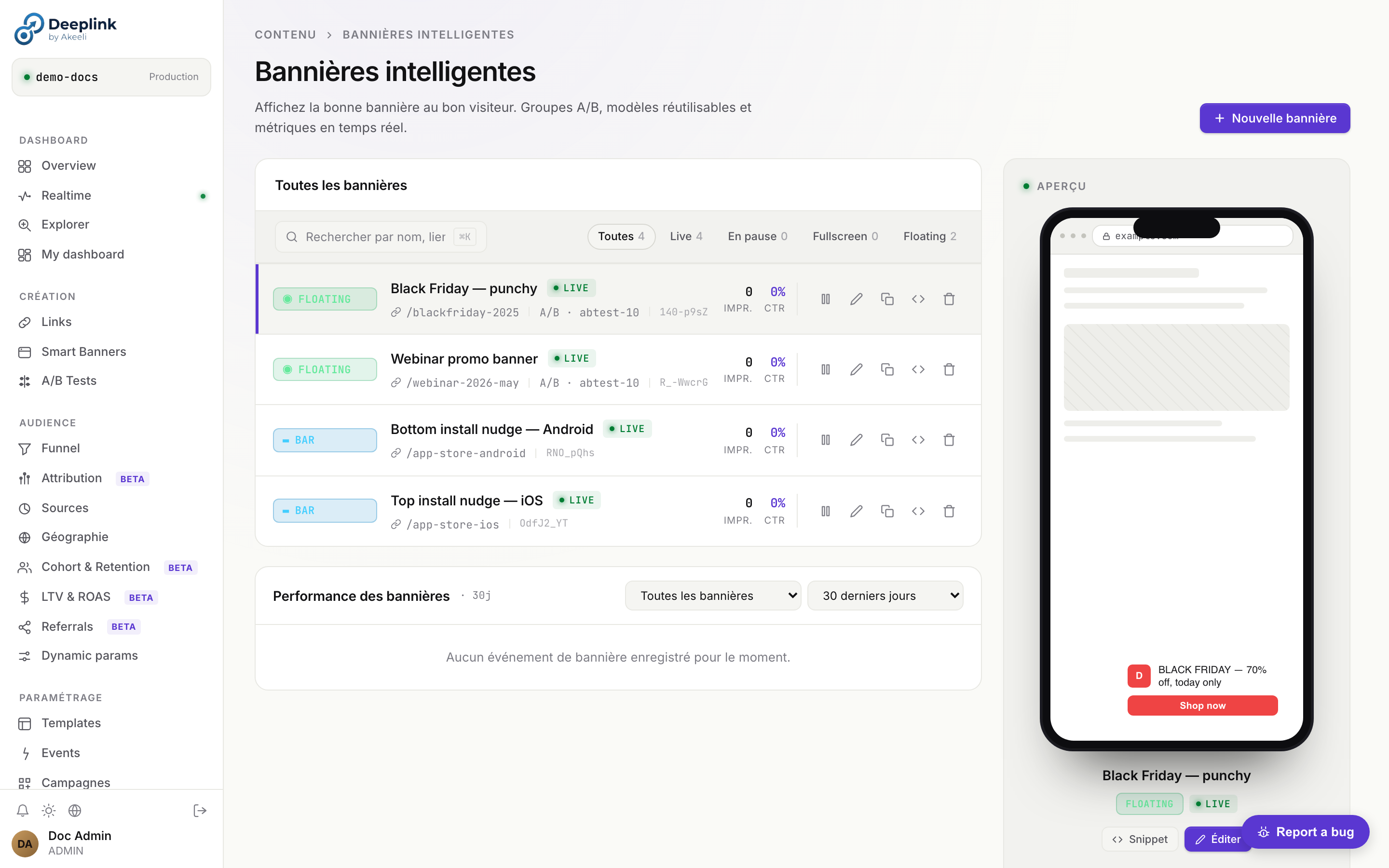 Smart banners — liste avec preview mobile