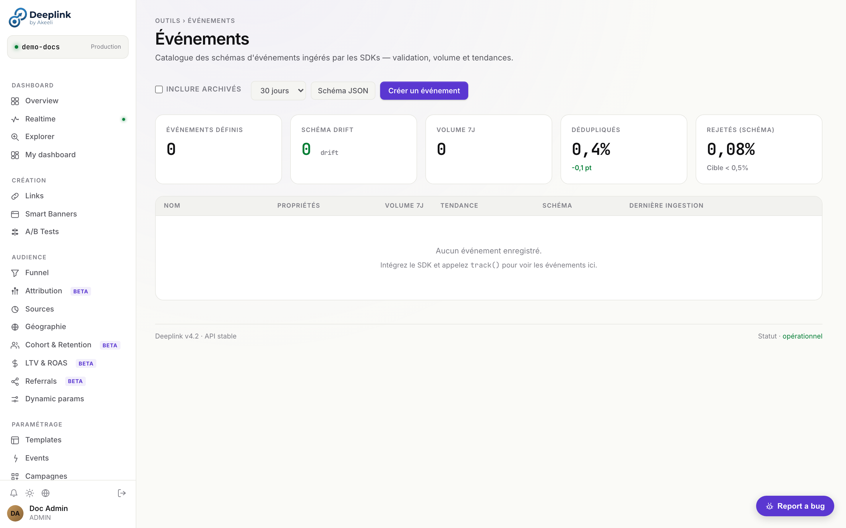 Page Events — flux des événements custom + filtres