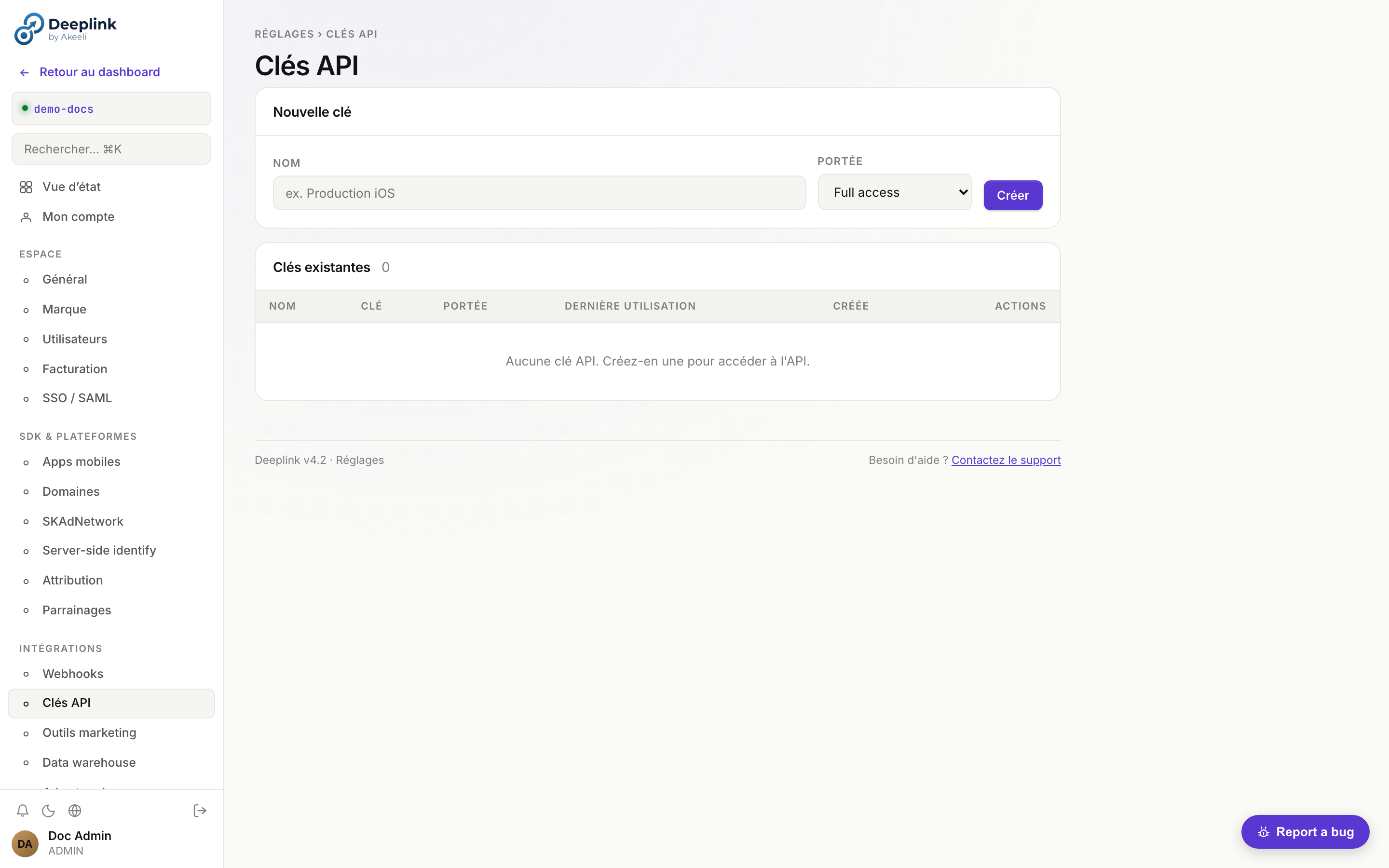 Réglages → API Keys