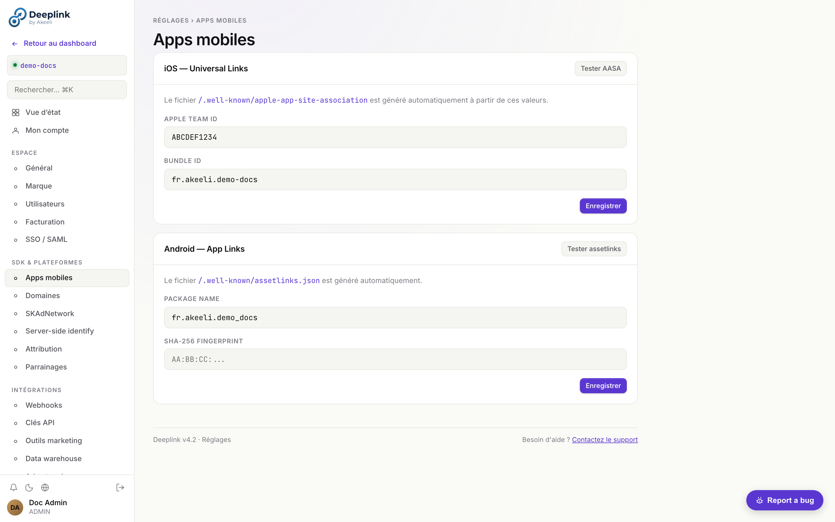 Réglages → Mobile : Apple Team ID + Bundle ID + Android package + SHA-256
