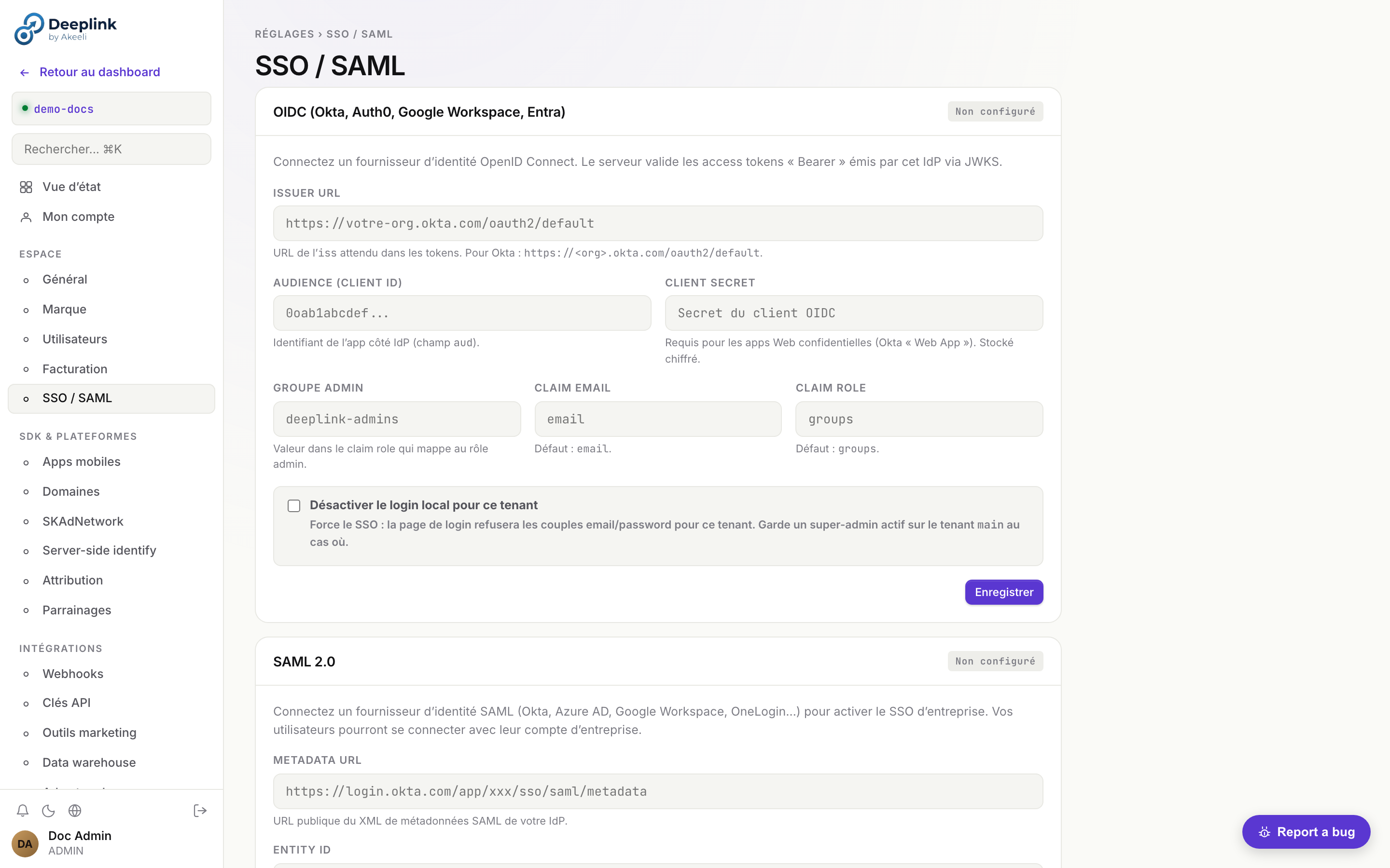 Réglages SSO — OIDC + SAML 2.0