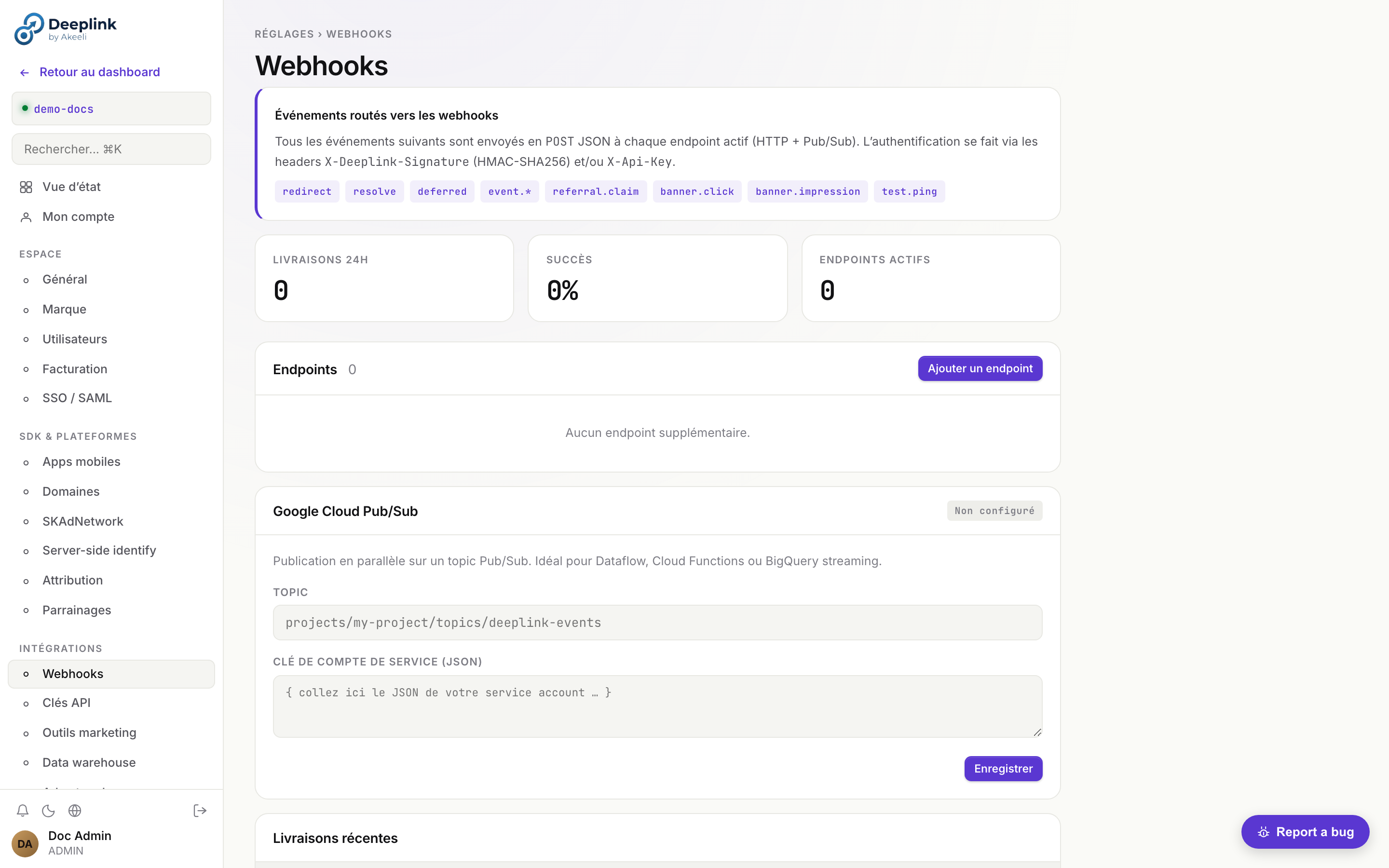 Réglages → Webhooks : ajout d'endpoint, secret, filter d'événements